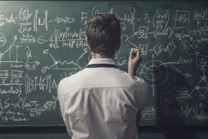 Mathématicien résolvant des problèmes sur un tableau