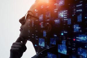 Représentation d'une jeune femme qui réfléchit et des outils informatiques
