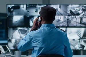 Agent de sécurité surveille des caméras de surveillance